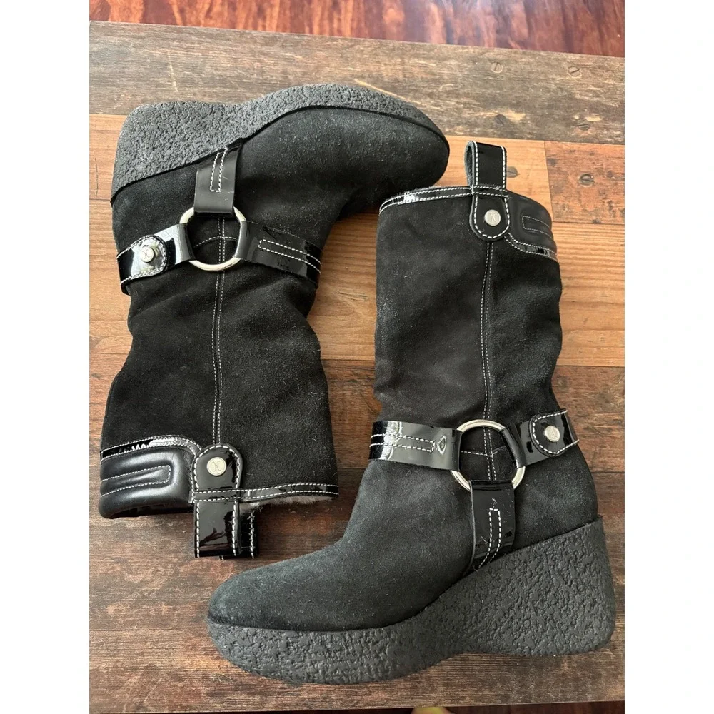Cole Haan Black Suede Shearling‎ Lined Wedge Boots Womens 7B Brazil